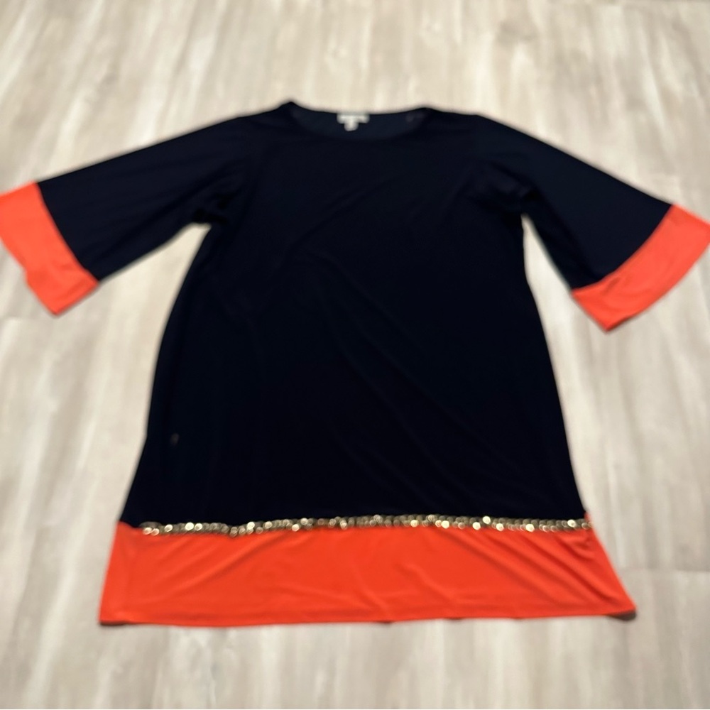 Dressbarn Navy Blue Orange Colorblock Metal Chain Detail Trim Dress Sz 20